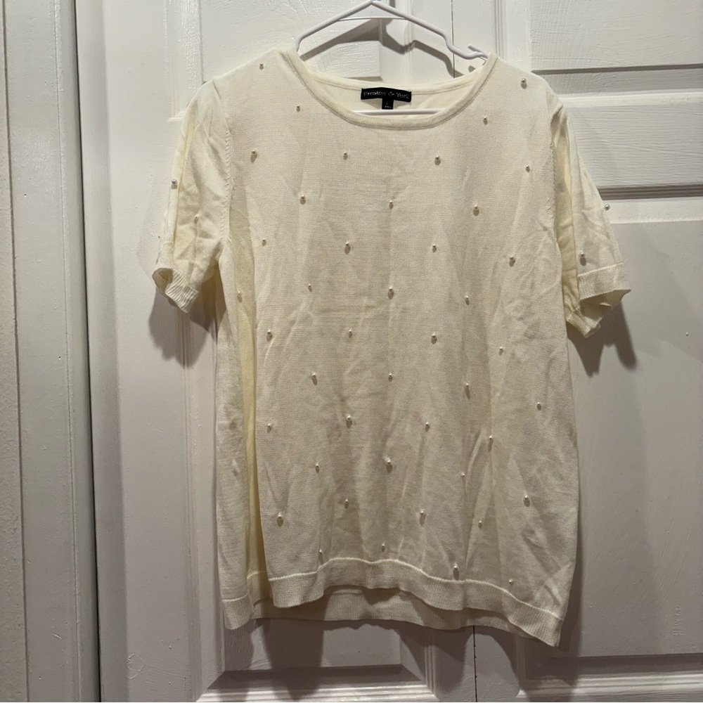 Preston & York Cream Pearl Short Sleeve Sweater - Size Large